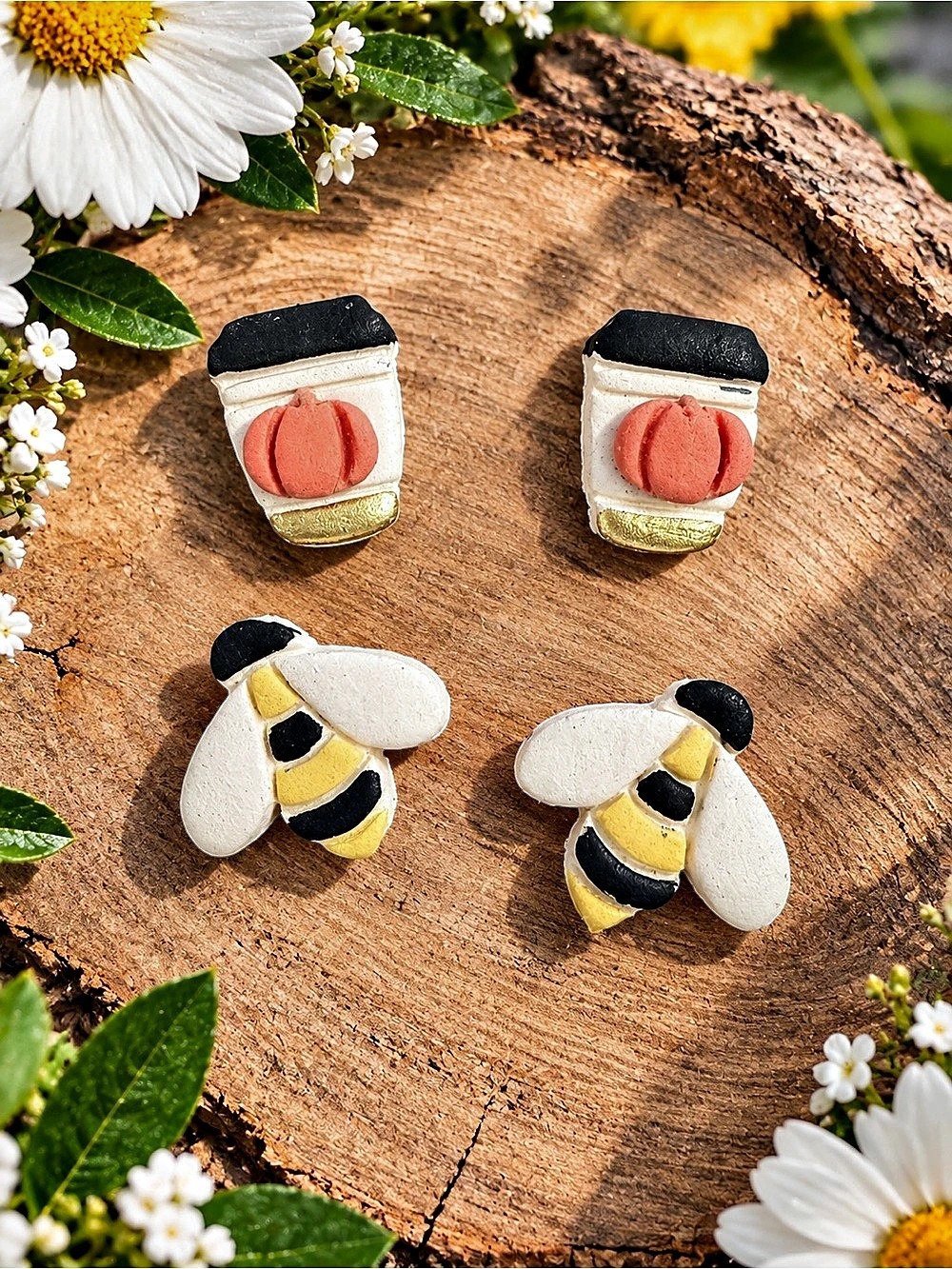 Bumblebee & Flower Stud Handmade Polymer Clay Earrings